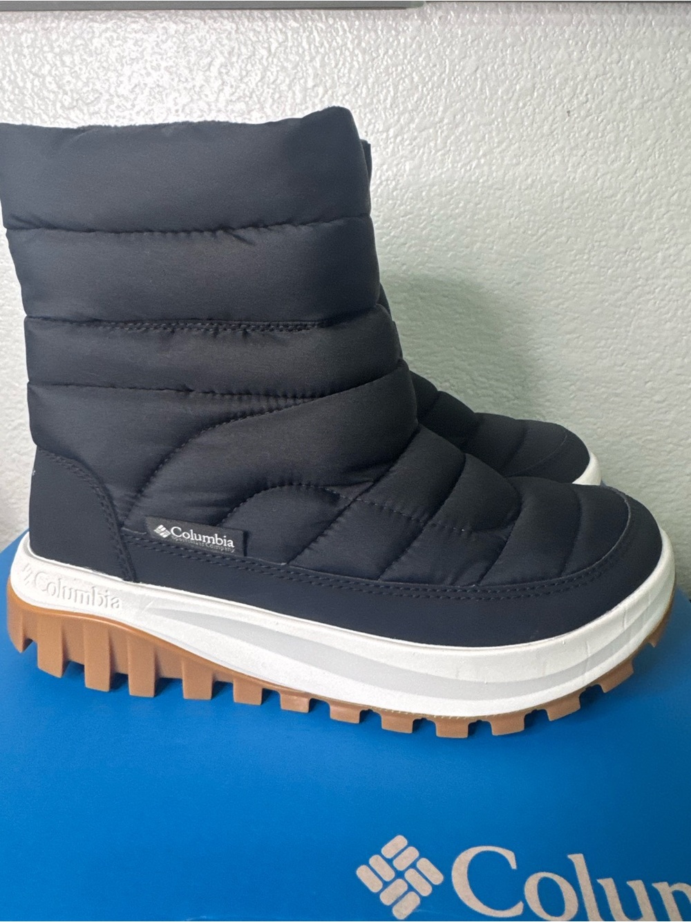 Columbia Kids Black and White Insulated Winter Boot with Brown Tread